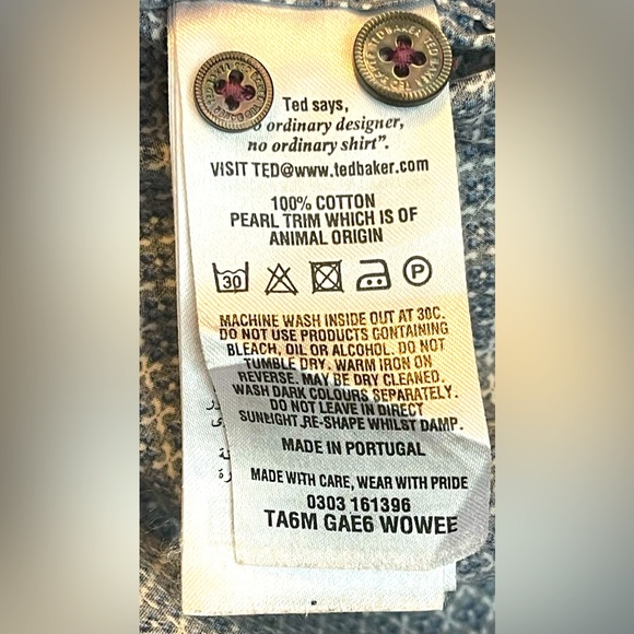 Ted Baker Geometric Blue & White Long Sleeve Button Up w/ Contrast Detail; UK 4 - Picture 10 of 12